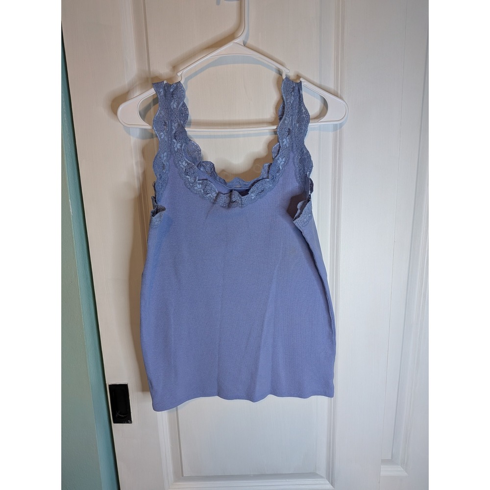 Fresh Produce Periwinkle Blue Ribbed Lace Trim Tank Top Camisole ATKLCAM Large